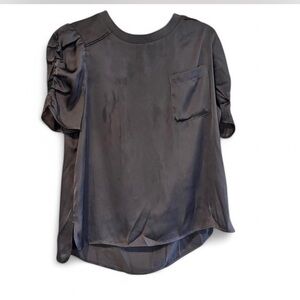 Dr2 Women's Size M Black/Gray Satin Puff Sleeve Blouse Top Office Date Night